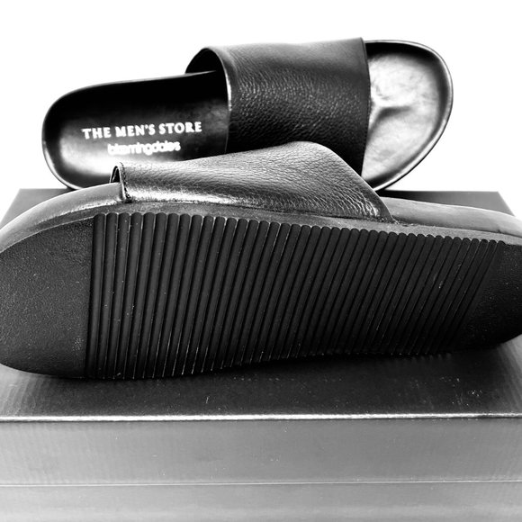 Bloomingdales Men's Store Smith Black Leather Men's Slides Sandals - Picture 2 of 3